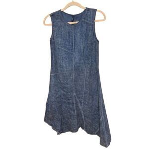 Inizio Linen Blend Asymetrical Dress Womens Medium Vintage Wash Blue One Pocket